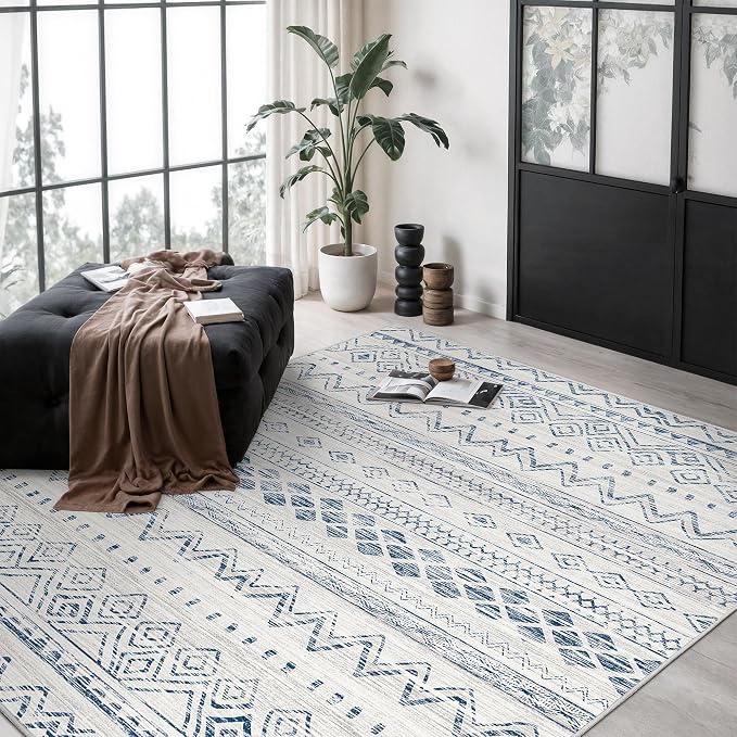 Miukiki 6x9 Area Rug for Living Room Moroccan Washable Rugs Non Slip Indoor Floor Carpet Foldable Large Soft Area Rug for Dining Room Bedroom with Low Pile(Blue,6'x9')