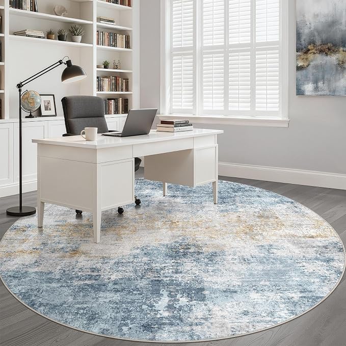 8ft Round Rug Living Room: 8x8 Washable Large Neutral Circle Area Rug Abstract Soft Modern Stain Resistant Indoor Floor Non-Slip Carpet for Bedroom Nursery Kids Office Playroom Dining Room- Blue Gold