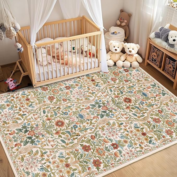 5×7 Area Rugs Beige Washable Floral Rug,Vintage Boho Soft Low-Pile Living Room Rugs, Stain Resistant Botanical Non-Slip Carpet for Girls Bedroom,Dining Room,Kids Nursery,Home Decor