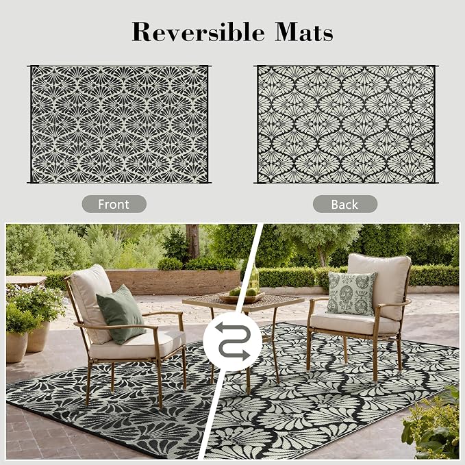 Lahome Outdoor Patio Rugs 8x10 Waterproof, Boho Outdoor Plastic Straw Rug for Porch, Stain Resistant Mats for Backyard Garden Deck Camping Outside, Black White,8'x10'