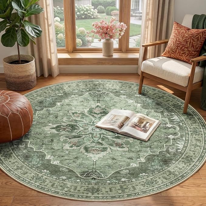 RELEANY Area Rugs Round 4ft Washable Non-Slip, Floral Vintage Distress Medallion Carpet for Living Room Bedroom Dining Room, Dark Green Gray