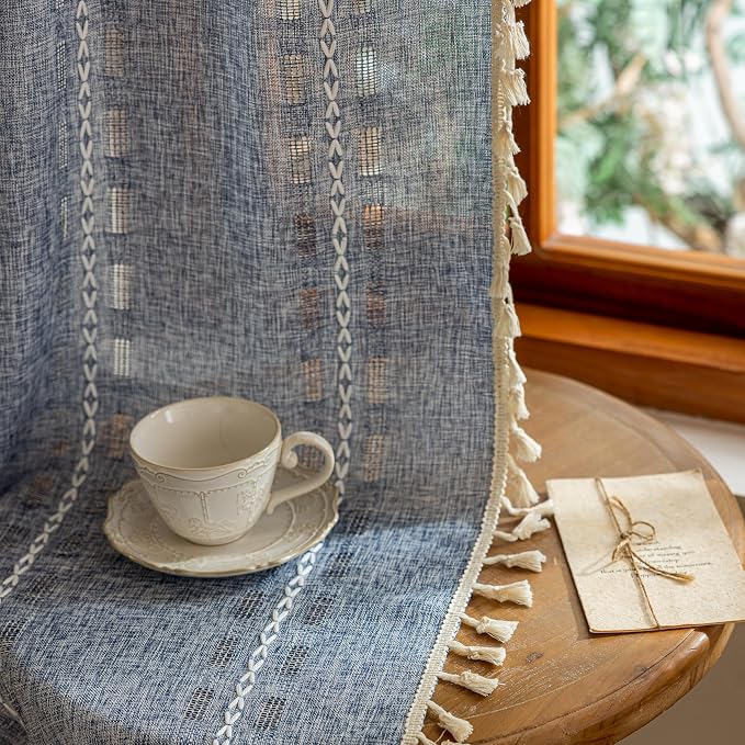Boho Curtains 90 Inches Long 2 Panels for Bedroom Windows, Bohemian Semi Sheer Drapes, Farmhouse Privacy Beige Tassels Vintage Chic Drape Embroidery Window Treatments,Back Tab & Rod pocket Denim Blue