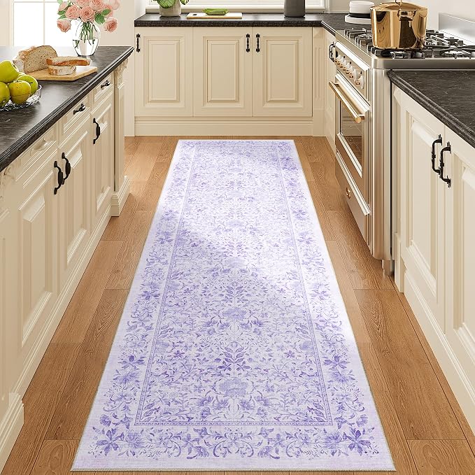 DUKINO 2x6 Runner Rug, Washable Vintage Floral Kitchen Rug, Purple | Non Slip, Low Pile, Stain Resistant Boho Soft Throw Carpet Runner for Hallway Bathroom Laundry Bedroom Entryway, Non-Shedding