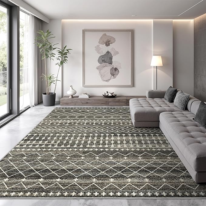 Miukiki 8x10 Area Rug for Living Room Moroccan Washable Rugs Non Slip Indoor Floor Carpet Foldable Large Soft Area Rug for Dining Room Bedroom with Low Pile(Black,8'x10')