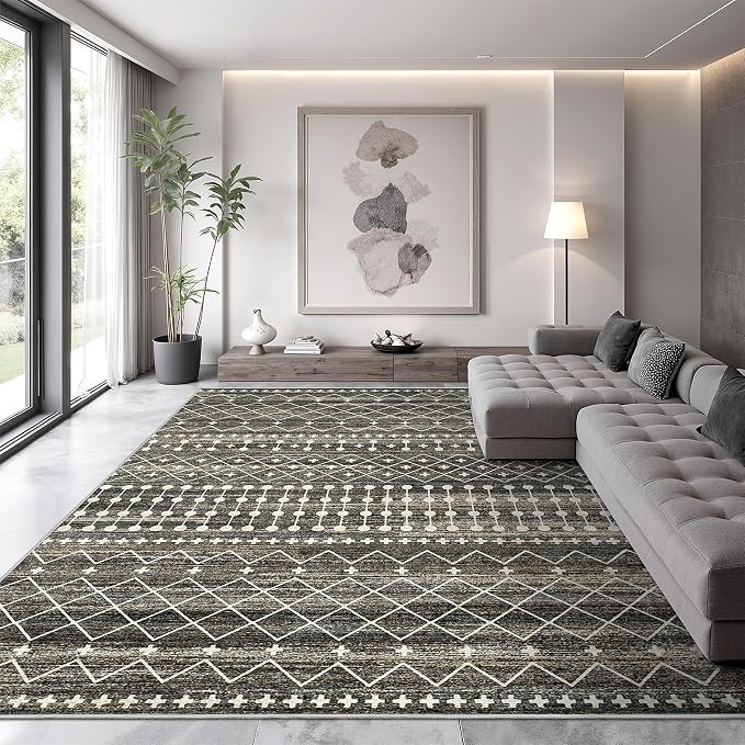 Miukiki 9x12 Area Rug for Living Room Moroccan Washable Rugs Non Slip Indoor Floor Carpet Foldable Large Soft Area Rug for Dining Room Bedroom with Low Pile(Black,9'x12')