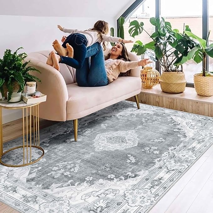 MUJOO Grey Rug 4'x6.5' Area Rugs Boho Washable Non Slip Low-Pile Floral | Machine Washable Throw Carpet for Bedroom Living Room Office Entryway Small Soft Floor Indoor Vintage Bohemian Flowers