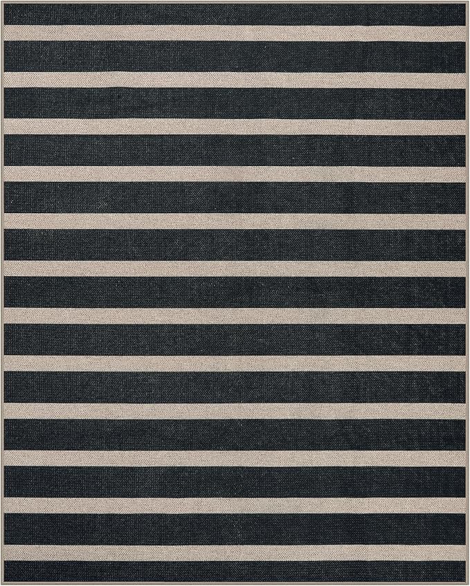 Lahome Striped Easy Jute Living Room Rug, 8x10 Outdoor Patio Rugs Washable | Black Indoor Area Rug, Modern Farmhouse Geometric Non Slip Non Shedding Carpet for Office Backyard Dining Room Sunroom
