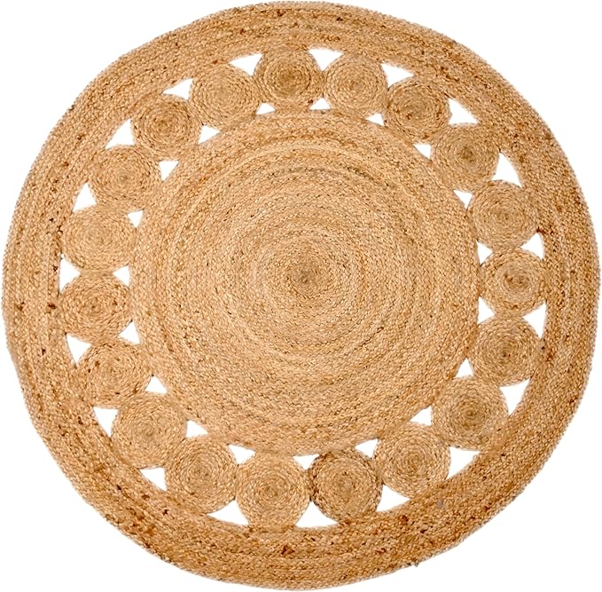 KEMA Jute Braided Area Rug, 5-Feet Round, Natural Handcrafted Boho Rug for Entryways, Living Room, Bedroom - Stain Resistance, Reversible Design, Farmhouse Vintage Decor