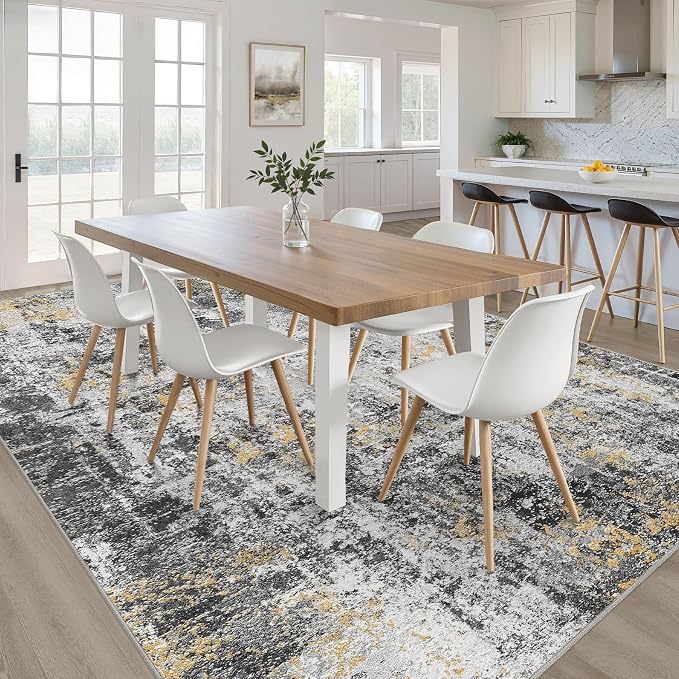 7x9 Area Rug Living Room: Washable Large Neutral Rug Abstract Soft Modern Stain Resistant Indoor Floor Non-Slip Carpet for Bedroom Nursery Kids Office Playroom Dining Room Under Table- Black Gold