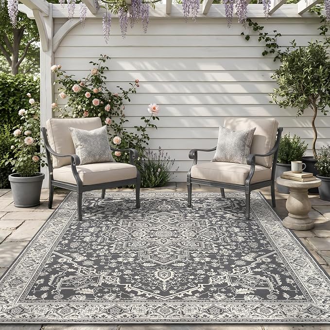 AMOAMI-Outdoor Rug-Patio Rug 6x9 ft Quick Dry Flatweave Textured Machine Washable Outdoor Carpet with Rubber Particles Backing Vintage Outdoor Area Rug for Patio Deck Front Porch Balcony Greyish Black
