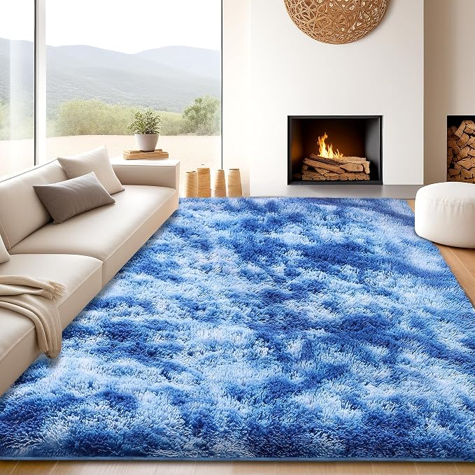 8x10 Tie-Dyed Blue Fluffy Shag Area Rugs for Living Room Bedroom | Ultra Soft Comfy, Large Fuzzy Shaggy Plush Carpet for Nursery Boys Kids Girls, Modern Indoor Home Decor, Upgrade Non-Slip