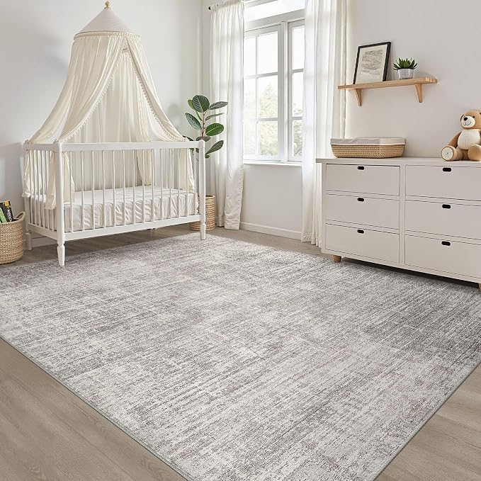 9x12 Area Rugs Living Room: Washable Large Neutral Rug Abstract Soft Modern Stain Resistant Indoor Floor Non-Slip Carpet for Bedroom Nursery Kids Office Playroom Dining Room Under Table- Brown Gray