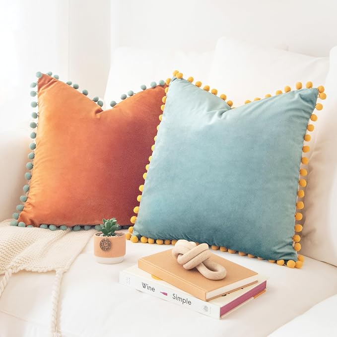 MONDAY MOOSE Decorative Throw Pillow Covers Cushion Cases, Set of 2 Soft Velvet Pom Poms Double-Sided Designs, Mix and Match for Home Decor, Pillow Inserts Not Included (16x16 inch, Orange/Teal)