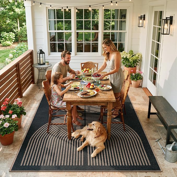 Lahome Modern Rainbow Easy Jute Carpet, Washable 5x7 Area Rugs for Living Room Patio Black Farmhouse Indoor Outdoor Rugs, Contemporary Natural Non Slip Floor Carpet for Office RV Backyard