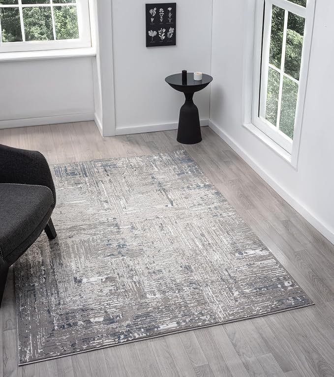 Amy Modern Abstract Area Rug for Living Room, 8x10 Contemporary Textured Geometric Large Blue Rug, High-Low Pile Stain Resistant Carpet for Bedroom, Dining Room or Kitchen (8' x 10', Blue)