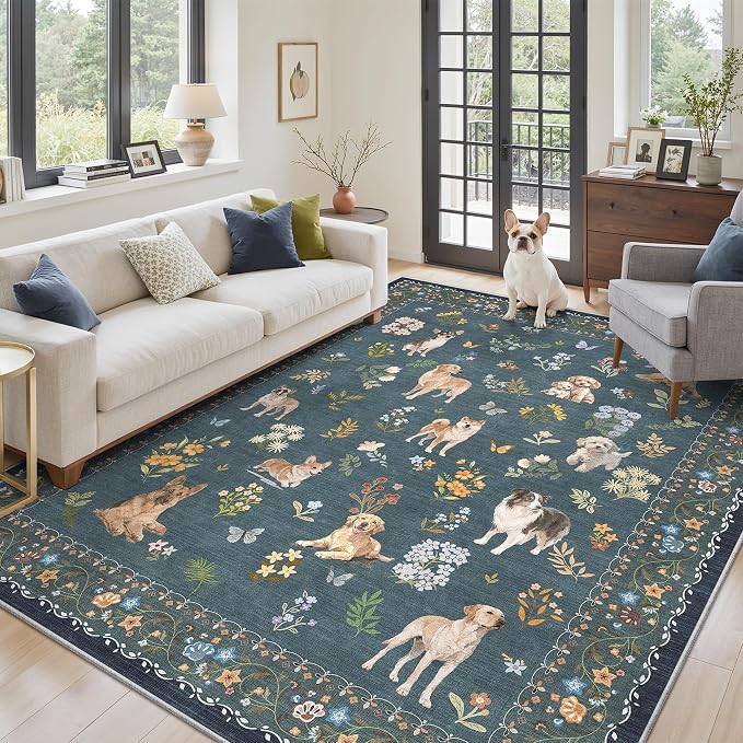 Soalmost Dog 6x9 Area Rugs for Living Room, Washable Soft Rug Navy Blue | Floral Vintage Non-Slip Low Pile Cute Animal Throw Rugs for Kitchen Dining Room Bedroom Nursery Playroom 6' x 9'