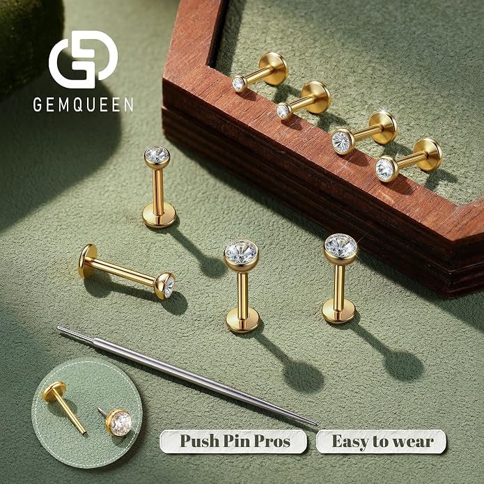 GEMQUEEN 4 Pairs 16G/18G/20G G23 Titanium Implant Grade Nose Studs Threadless Flat Back Earrings Hypoallergenic Flatback 5A CZ Cartilage Helix Tragus Conch Tiny Lip Piercing Jewelry for Women Men