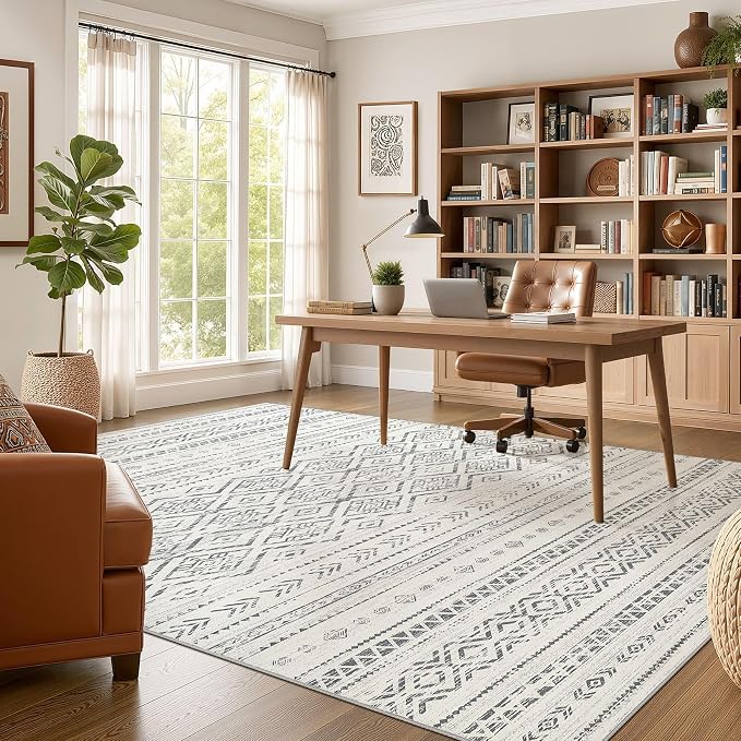 Nakagishi Area Rug Living Room Rugs: 5x7 Large Soft Machine Washable Boho Moroccan FarmNeutral Stain Resistant Indoor Floor Carpet for Bedroom Under Dining Table Home Office Decor-Grey