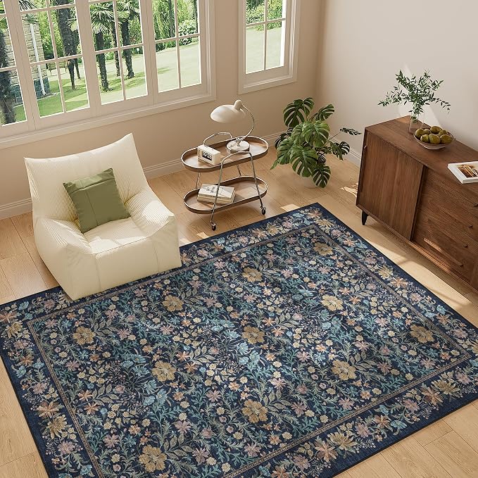 DUKINO 5x7 Area Rugs, Vintage Floral Washable Rug for Living Room Dark Blue | Non Slip, Low Pile, Soft, Lightweight, Boho Indoor Carpet for Bedroom, Office, Dining Room, Dorm Room, Farmhouse, Home Decor