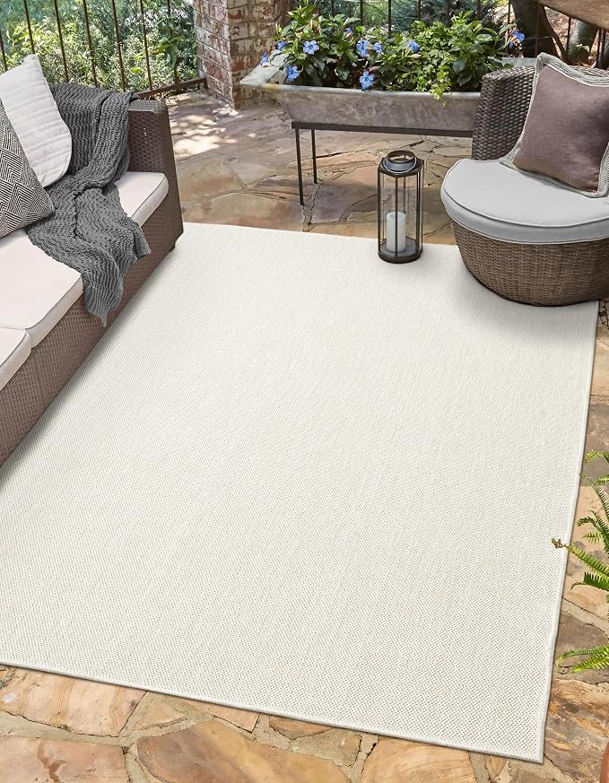 Angela Easy Jute Indoor Outdoor Rug, 5x7 Natural Solid Jute Look, Polyester, Durable & Easy Care Outdoor Farmhouse Carpet for Patio, Porch, Living Room (5' x 7', Ivory)
