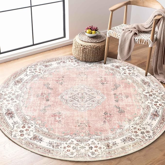 MUJOO Pink Round Rug 4ft Small Circle Washable Area Rug Non Slip Floral | Circular Rugs for Bedroom Living Room Entryway Bathroom Bedroom Boho Throw Carpet Soft Low Pile Indoor Flowers Light Blush