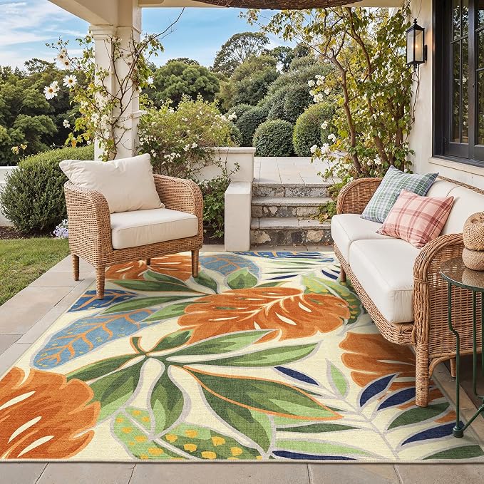 GENIMO 4x6 Outdoor Rug, Washable for Porch and Patio, Rust Sage | Botanical leaf design for balcony; fade resistant chenille with quick-dry non-slip backing for deck and indoor space.
