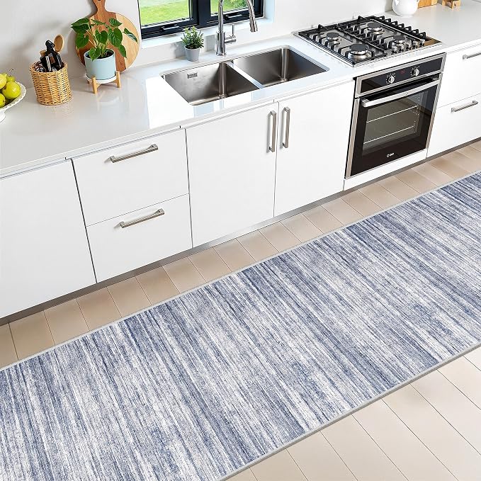 2x12 Runner Rug Non Slip,Washable Hallway Runner Rug,Blue | Long Neutral Rugs for Kitchen,Entryway,Bedroom,Bathroom,Laundry Room,Thin,Soft Runner Rug,Stain Resistant Indoor Carpet