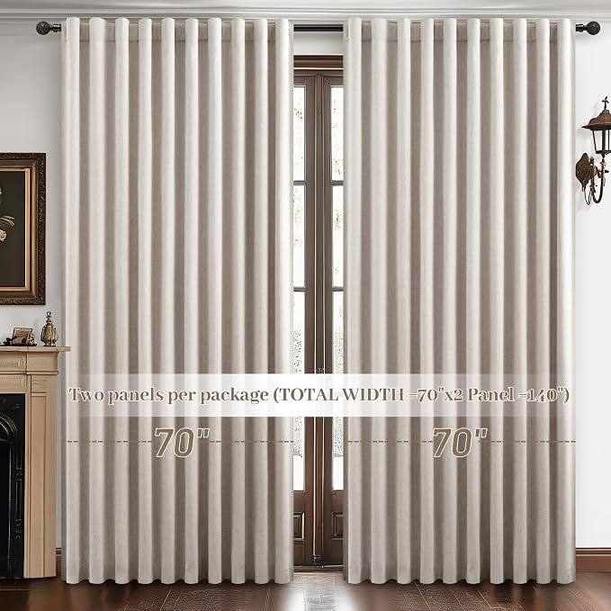 Curtains 70 Inch Length Wide Pleated Blackout Curtain for Sliding Glass Door, Farmhouse Natural Linen Thick Thermal for Summer Heat/Sound Noise Reducing Heavy Large Window Drapes (70"Wx102"Lx2Panels)