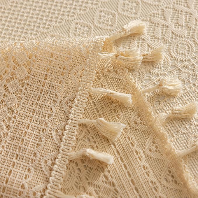Sutuo Home Beige Lace Boho Curtains for Living Room Dining Room, Semi Sheer Curtains Farmhouse Privacy Crochet Vintage Tassels Retro Bohemian Style Rod Pocket Decor Window Drape, 2 Panels 50" x 102"