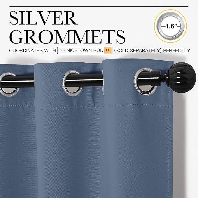 NICETOWN Kitchen Curtains Small Window Curtains & Drapes, Thermal Insulated Solid Grommet Panels for Cupboard, Loft, Cafe, Dining Room (Stone Blue, 34" W x 45" L, 2PCs)
