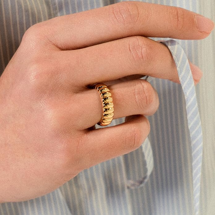 14K Gold Plated Wide Puffy Ribbed Band Ring | Womens Puffy Cloud Gold Stacking Band Thick Bold Statement Stacking Band | Minimalist Everyday Jewelry Gift for Her