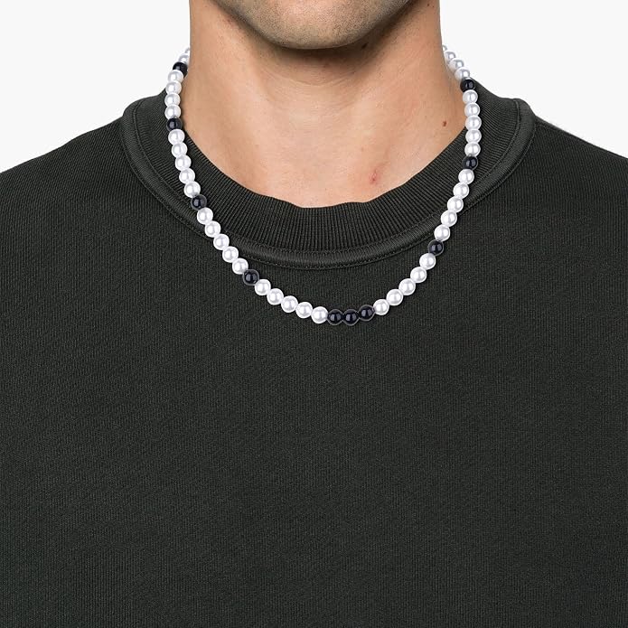 GAVU Men's Pearl Necklace, Pearl Jewelry Crystal Beaded Necklace for Men 20"/22"/24"/26"