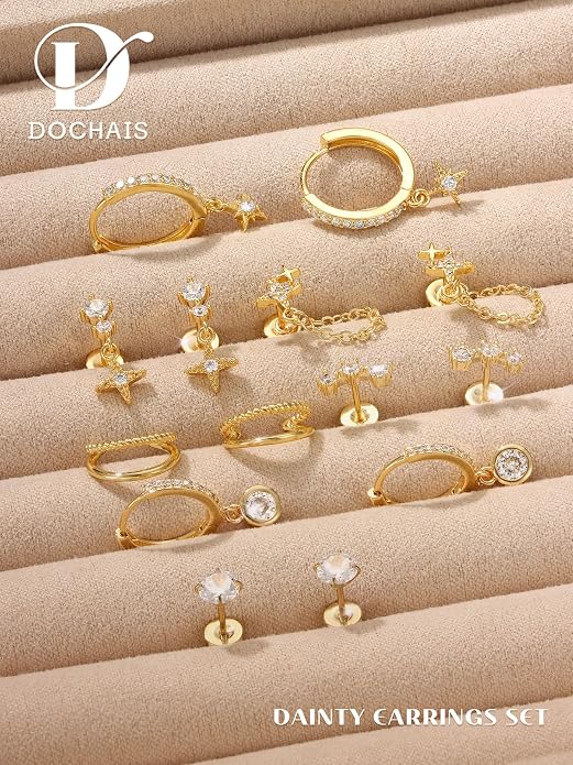 Dochais Flat Back Cartilage Earrings for Women Trendy Dainty CZ Flatback Studs Earing Sets 14k Gold Plated Hypoallergenic Huggie Hoops Earring Stacks for Multiple Piercing