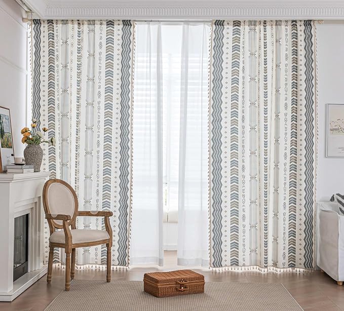 Gray Geometric Curtains 54 Inches Long, Boho Farmhouse Light Filtering Rod Pocket Drapes with Tassel Trim for Bedroom Living Room, 2 Panels