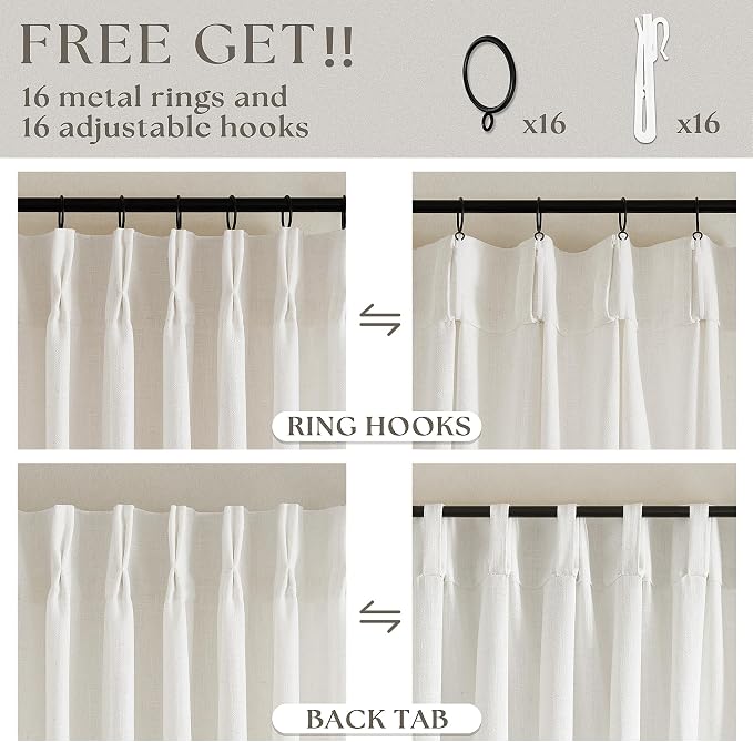Pinch Pleated Linen Curtains 96 Inches Long for Living Room 2 Panel Set Cream Ivory Light Filtering Pinch Pleat Hooks Rings Back Tab Neutral Boho Farmhouse 96 Inch Curtain Drapes for Bedroom Window