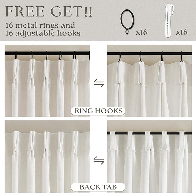 Natural Pinch Pleat Linen Kitchen Curtains 45 Inches Long 2 Panels Set | Basement Short Curtains for Small Bay Window, Cream Ivory, Pinch Pleated with Hooks Rings Back Tab, Thick Linen Semi Sheer