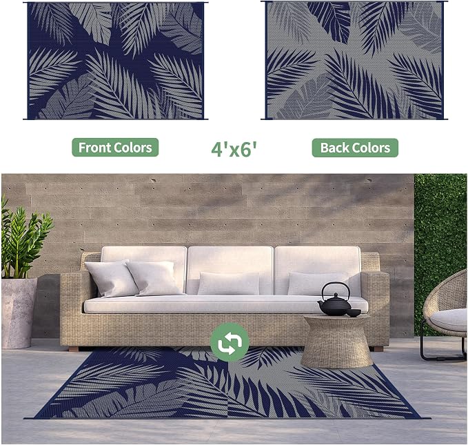 GENIMO Outdoor Rug, Waterproof Plastic Rugs for Patio, 4'x6' Blue Grey | Outside Larger Leaf Carpet Mat for Porch Decor, Deck, Balcony, Camping, RV, Backyard, Picnic, Beach, Reversible, Foldable