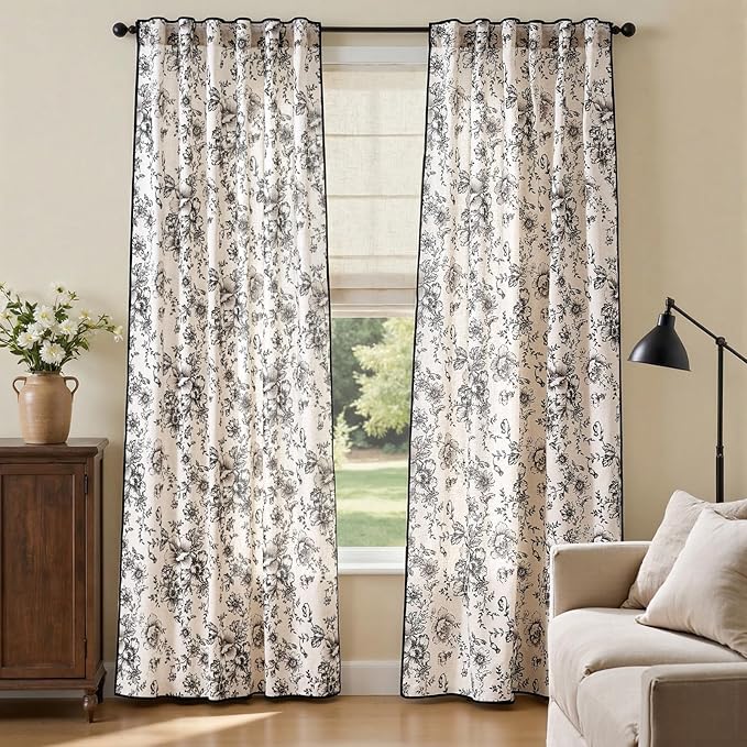 jinchan Floral Linen Curtains with Black Trim 84 Inch Back Tab 2 Panels | Light filtering drapes, semi sheer, french country, farmhouse, vintage, living room, bedroom, rod pocket, window treatment