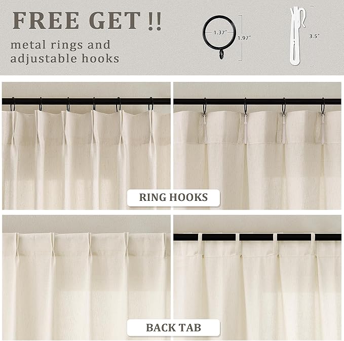 Cream Beige Pinch Pleated Linen Curtains 84 Inches Long Semi Sheer | Light Filtering, Boho Farmhouse Curtain, for Living Dining Room Bedroom, Flax Pleat Drapes, Hooks Rings, Back Tab, Sand