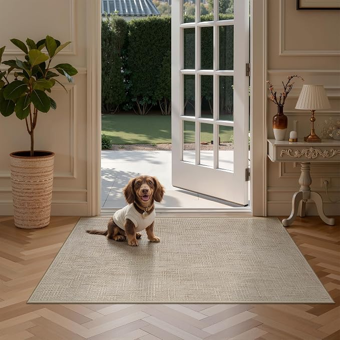 Valenrug 3x5 Rug - Stain Resistant 3x5 Entryway Rugs, Non Slip High-Low Pile Textured Area Rugs for Living, Bedroom,Entryway, Folable Machine Washable Rug (3'x5', Beige)