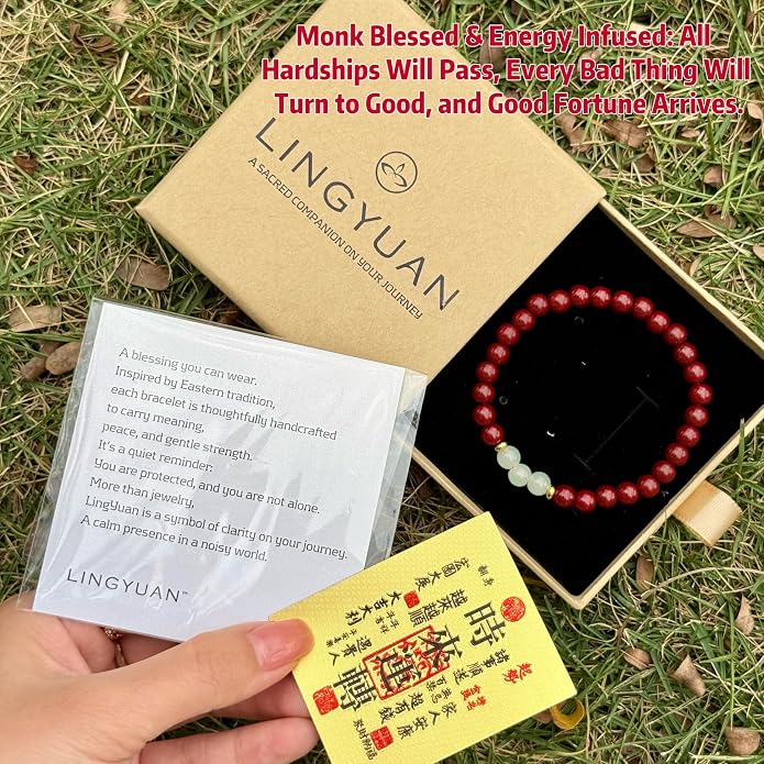 LINGYUAN Feng Shui Wealth and Luck Bracelet with Gold Foil Five Gods Amulet-Red Agate Cinnabar Gemstone Bracelet for Prosperity, Protection & Success, Lucky Charm Gift for Men & Women