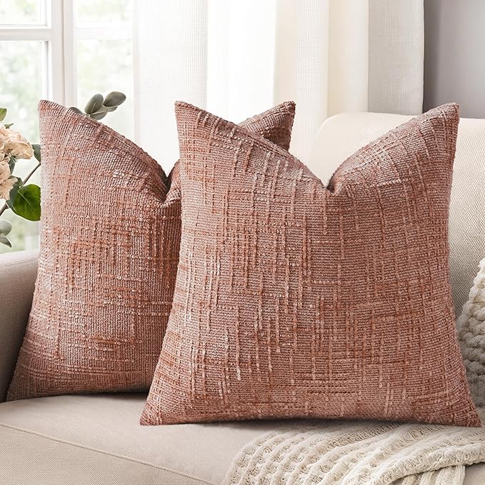 decorUhome Textured Chenille Throw Pillow Covers 24x24 Set of 2 Pink | Fall Modern Farmhouse Soft Cozy Slubby Couch Pillow Cases Boho Decorative Pillow Cases for Bed Sofa Living Room Home Decor