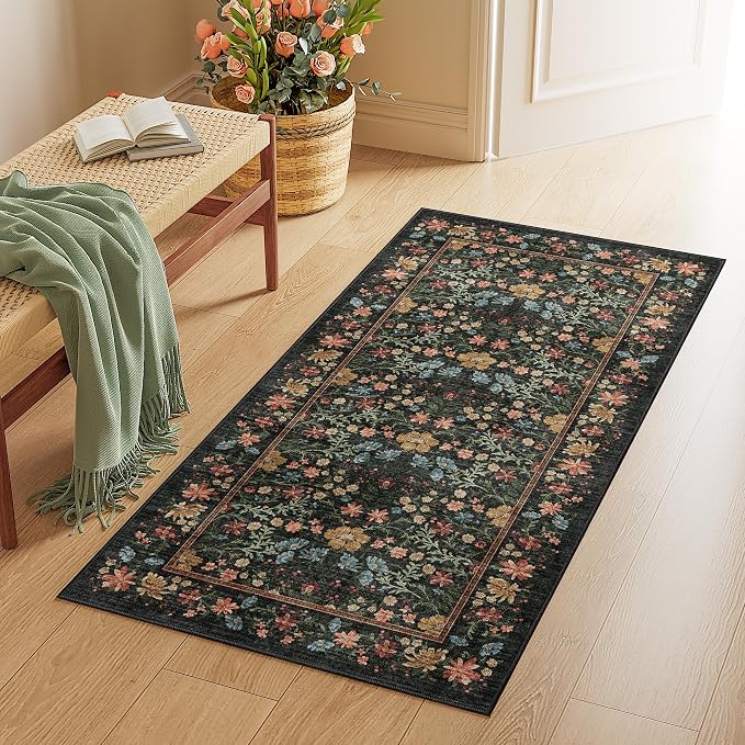 DUKINO 2x4 Rug, Washable Vintage Floral Bathroom Runner Rug, Black | Non Slip, Low Pile, Stain Resistant, Aesthetic Lightweight Soft Indoor Carpet for Kitchen Entryway Hallway Bathroom Bedroom