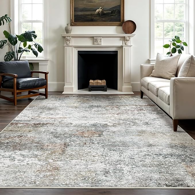 Art&Tuft 9x12 Area Rug - Abstract Large Area Rugs with Anti-Slip Backing, Stain Resistant Area Rugs 9x12 Living Room, Foldable Machine Washable Area Rug(9'x12', Grey/Rust)