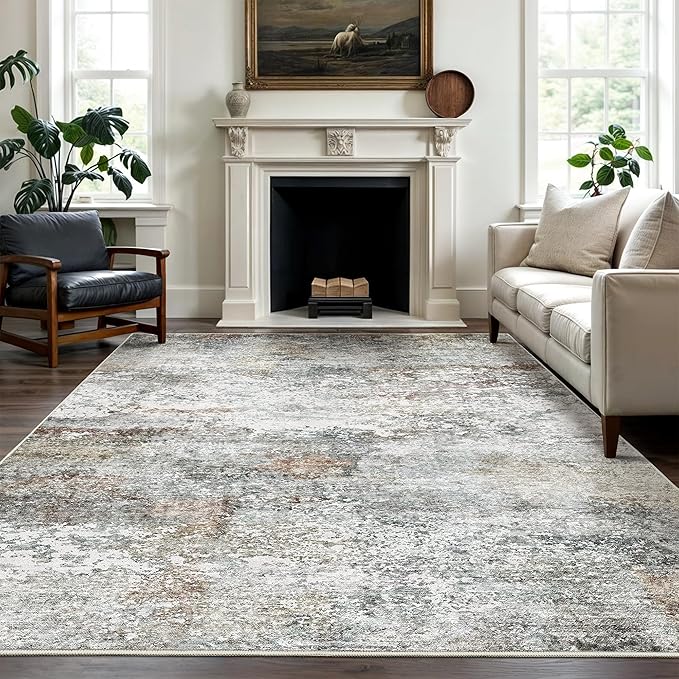 Art&Tuft Washable Rug 6x9, Anti-Slip Backing Abstract Area Rugs, Stain Resistant 6x9 Rugs for Living Room, Foldable Machine Washable Area Rug(6'x9', Grey/Rust)