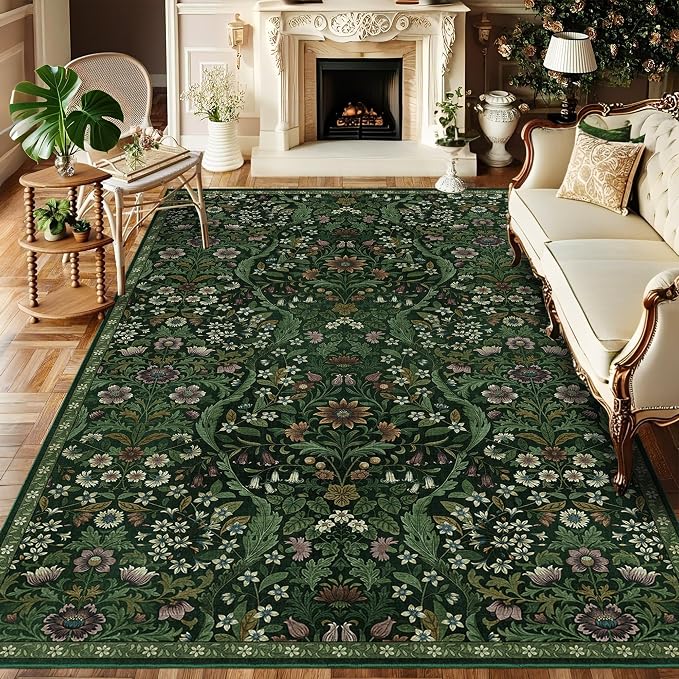 5×8 Area Rugs Dark Green Washable Floral Rug,Vintage Boho Soft Low-Pile Living Room Rugs, Stain Resistant Botanical Non-Slip Carpet for Bedroom,Dining Room, Kids Nursery,Home Decor