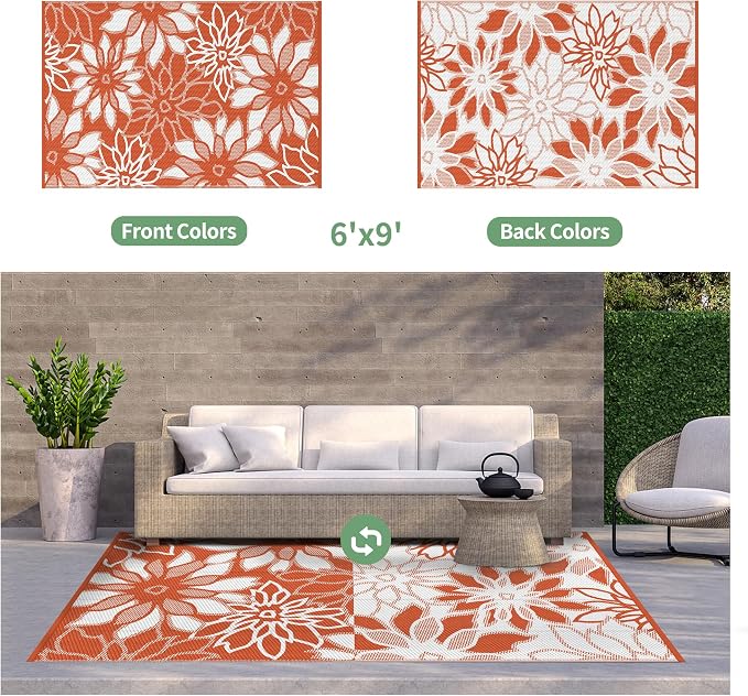 GENIMO Outdoor Rug Waterproof for Patio Decor, 6' x 9' Reversible Plastic Straw Floral Camping Carpet, Large Area Rugs Mats for RV, Camper, Deck, Balcony, Porch, Beach, Picnic, Orange & White