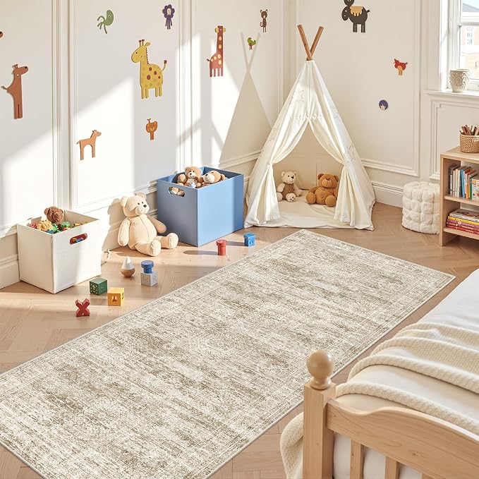 3x8 Runner Rug Non Slip,Washable Hallway Runner Rug,Brown | Neutral Rugs for Kitchen,Entryway,Bedroom,Bathroom,Nursery Room,Thin,Soft Runner Rug,Stain Resistant Indoor Carpet