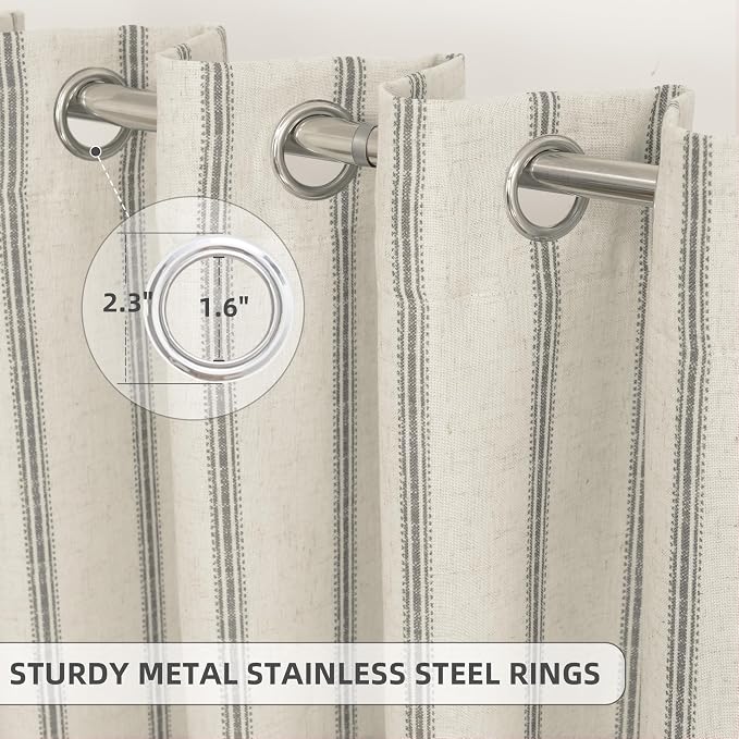 DriftAway Farmhouse Linen Stripe Blackout Curtains, W52xL102, Gray | Blackout, Linen Texture, Stripe Pattern, Rod Pocket & Back Tab, Two Layers, Bedroom Living Room Use, Sound Reducing Design