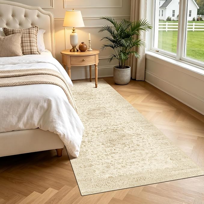 Beige Washable Runner Rug 2.6x8, Vintage Boho Carpet Runners for Hallway | TTelephant Neutral Runner Carpet, for Hallways, Bedside, Kitchen, Low Pile Indoor, Non-Slip Silicone Backing, Non-Shedding